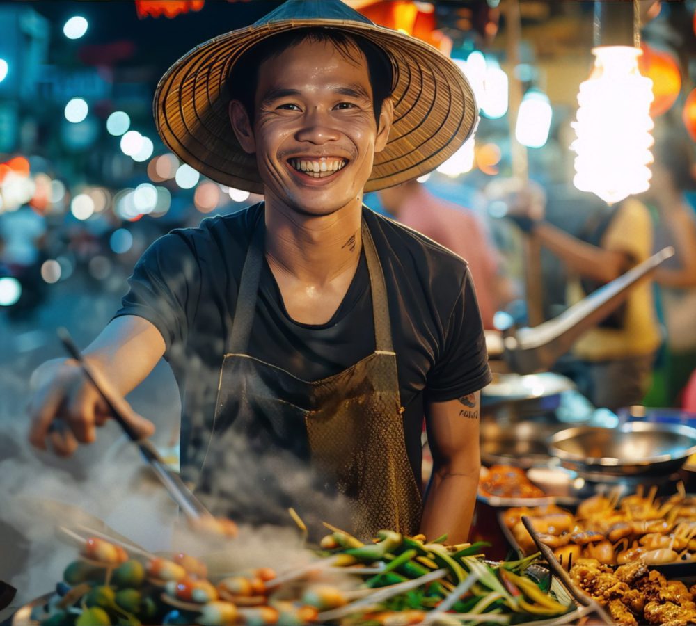 Portrait of a joyful street food vendor wearing a traditional conical hat while cooking at a night market.